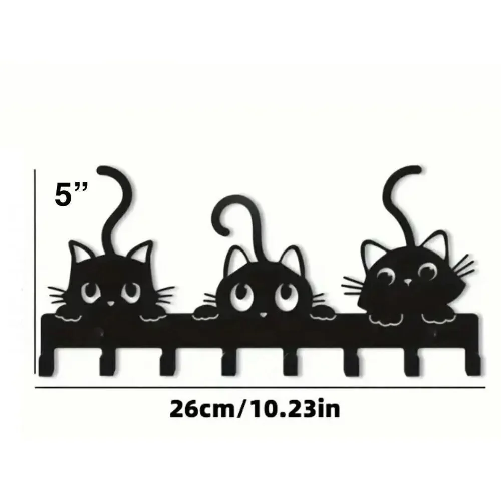 NWT Gorgeous 3 Black Cats Hanger Metalic 8 Hooks Wall Mount Key Holder Organizer